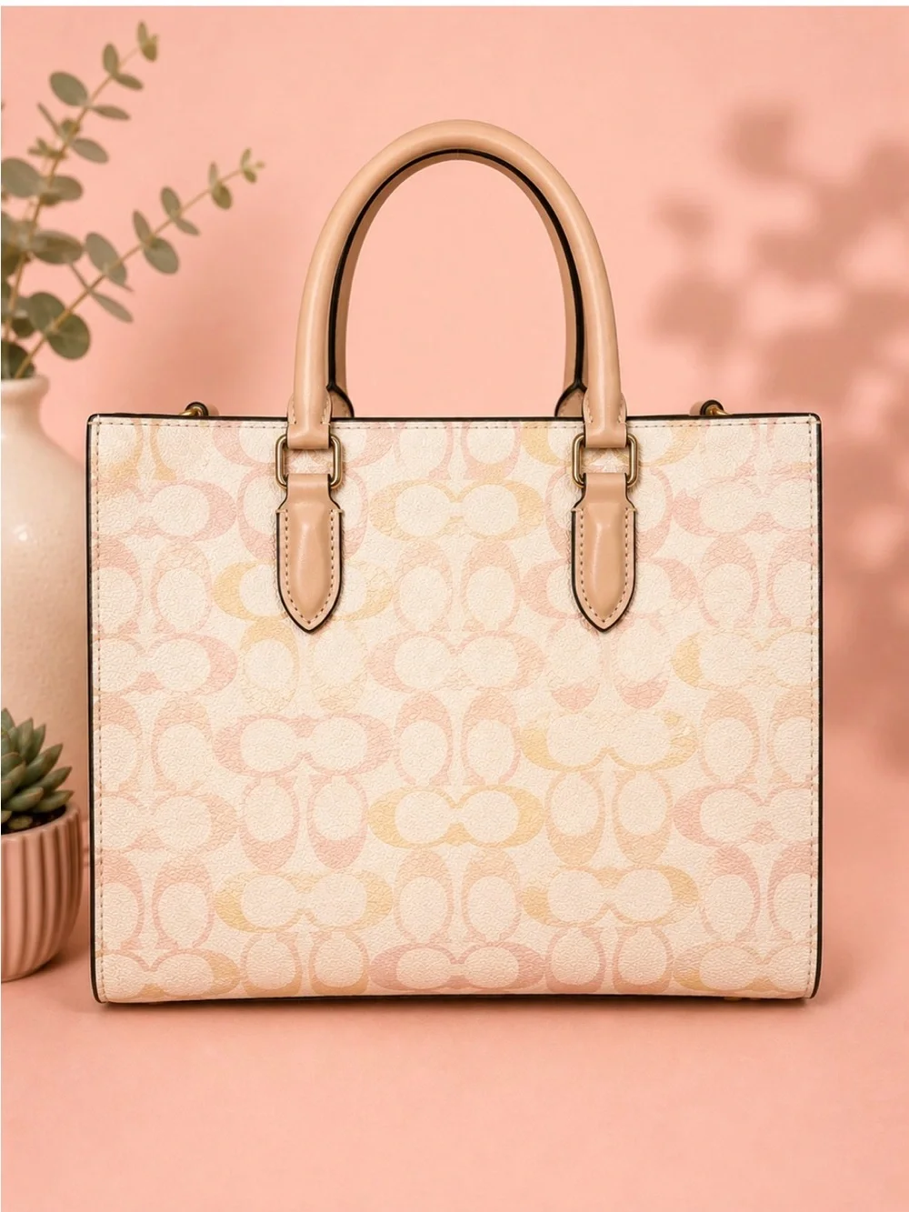 COACH small Maggie tote in Signature Canvas Satchel and Pastel Pink